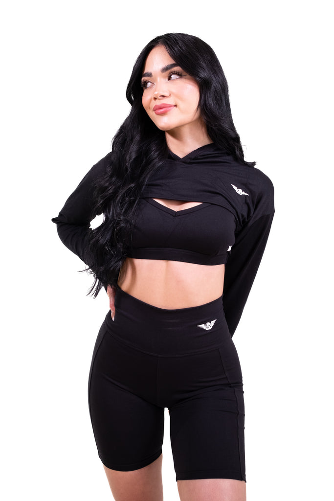 BF Women's Crop Top Hooded Short Set - The Black Fit Active Sports Wear